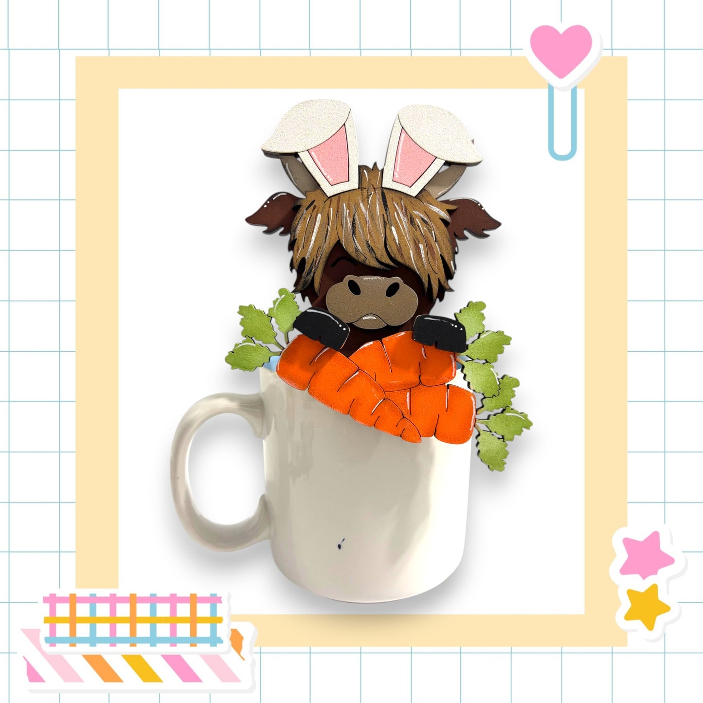 A whimsical image featuring a cartoon rabbit or deer-like creature with large ears and a carrot, peeking out from a white mug or cup.