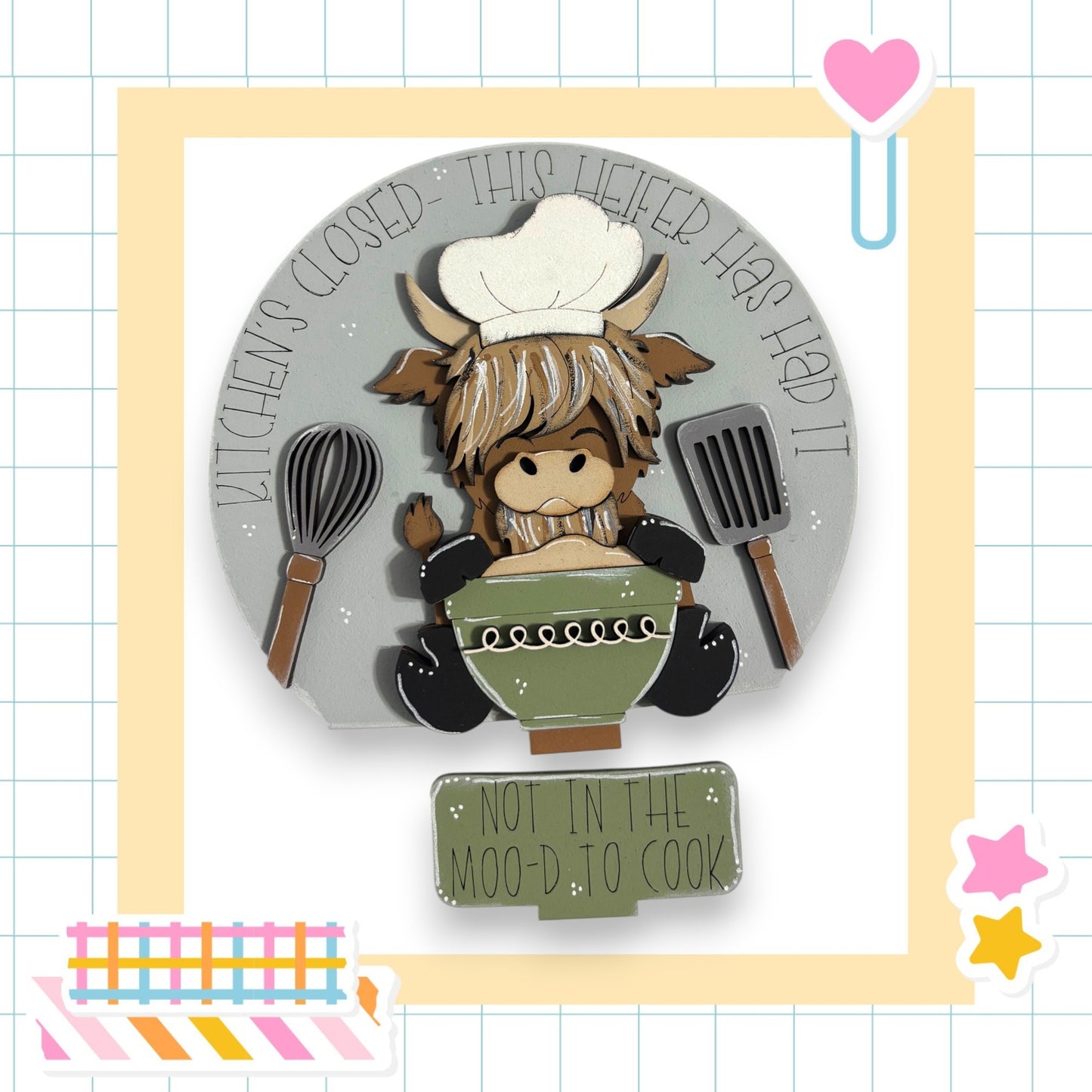 A cartoon cow wearing a chef's hat and holding a whisk and spatula, with the text "This kitchen is closed - this cow has had it" written around it.