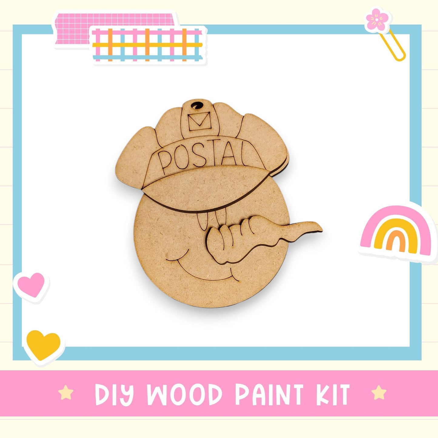a DIY wood paint kit with a wooden postcard-shaped object that has the word "POSTAL" written on it. The kit appears to be a creative and fun craft project for children.