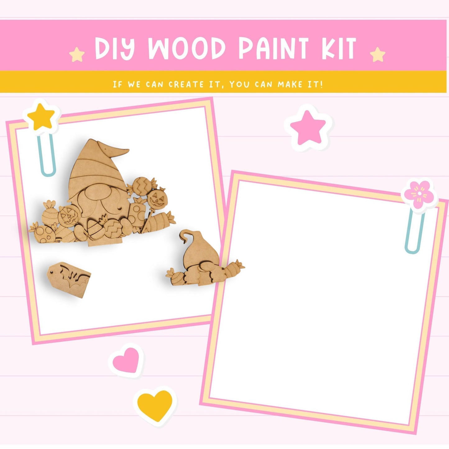 The image is a DIY wood paint kit featuring a gnome and a flower, along with a blank space for painting.