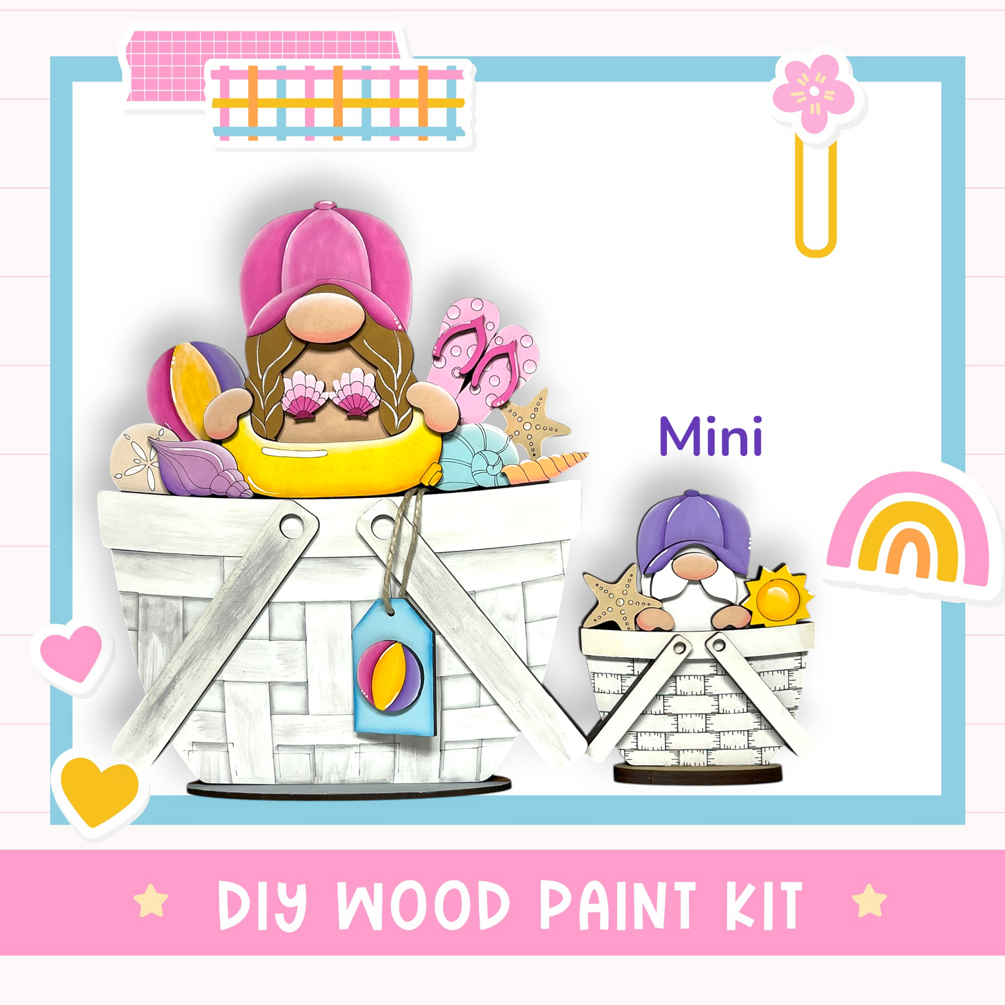 The image is a colorful illustration of two wooden gnome figurines, one larger and one smaller, sitting in baskets filled with various objects such as seashells, starfish, and a beach ball. The image also includes a text box that reads "DIY WOOD PAINT KIT" and a small rainbow graphic.