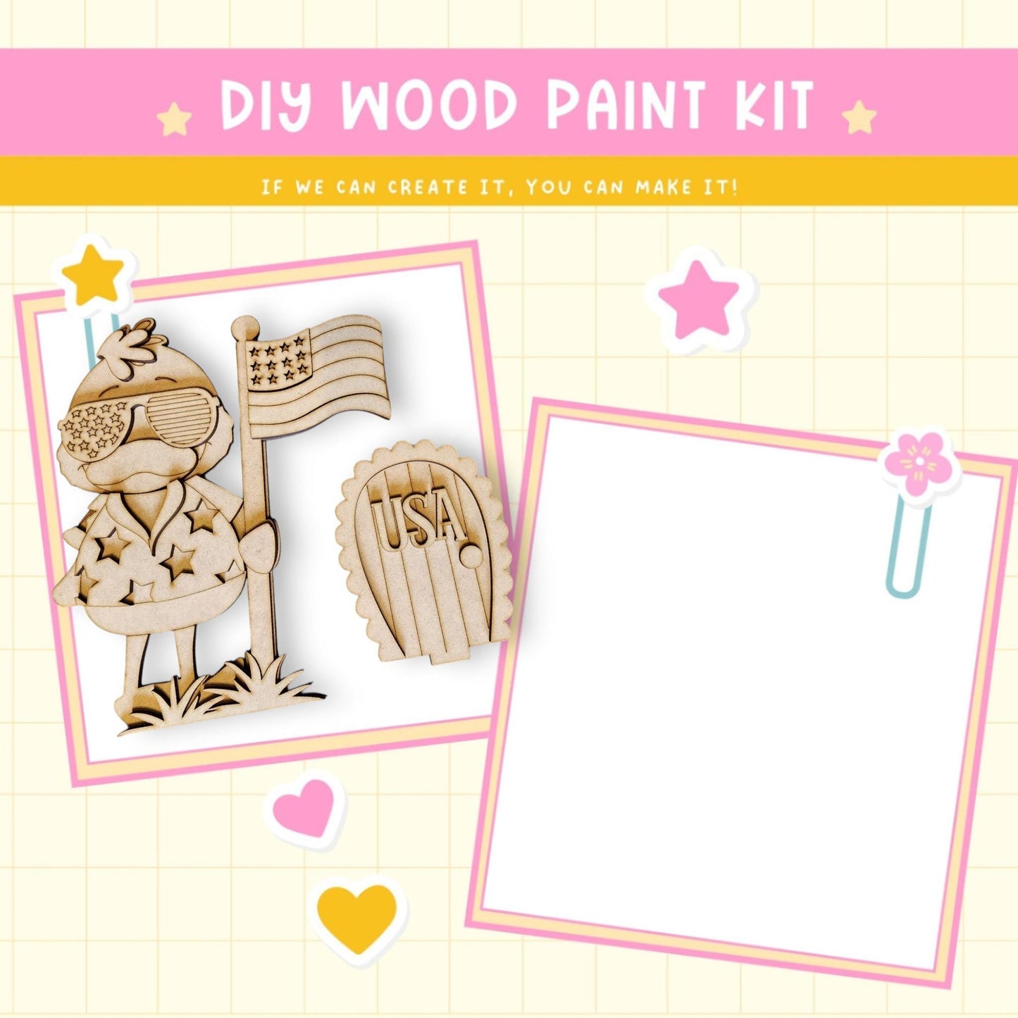 a picture of a wooden craft kit with a picture of a man holding a flag