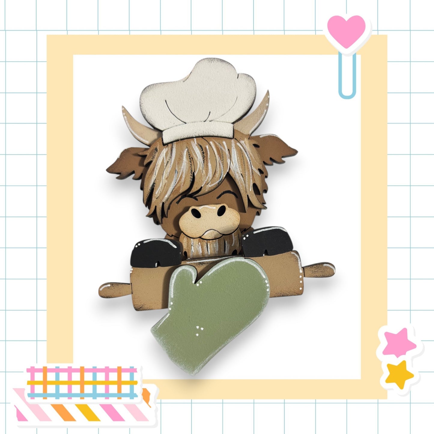 A cartoon cow wearing a chef's hat and holding a rolling pin, surrounded by various kitchen-themed stickers.