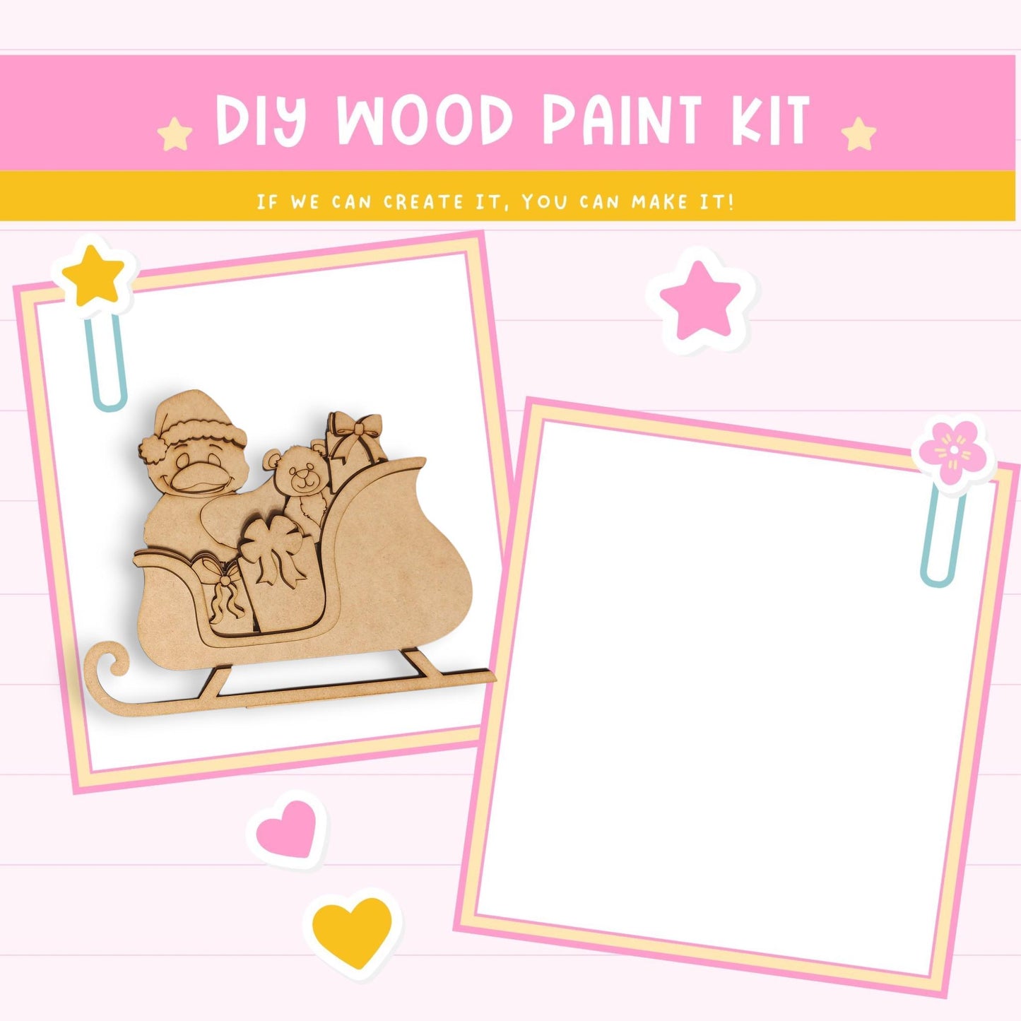 The image is a DIY wood paint kit advertisement featuring a wooden Santa Claus sled and a blank white frame.