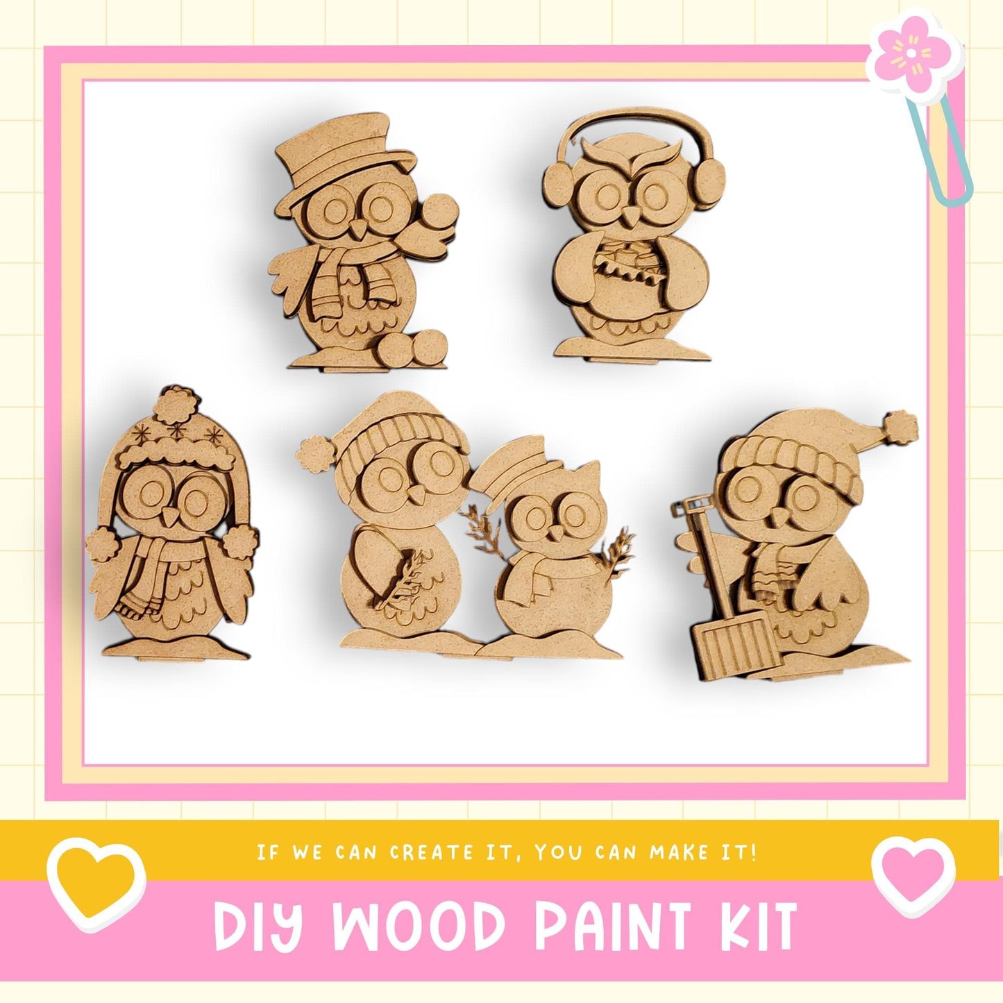 a DIY wood paint kit with five wooden owl figurines in various poses, including one wearing a hat and another holding a stick. The kit appears to be designed for creating wooden decorations or toys.