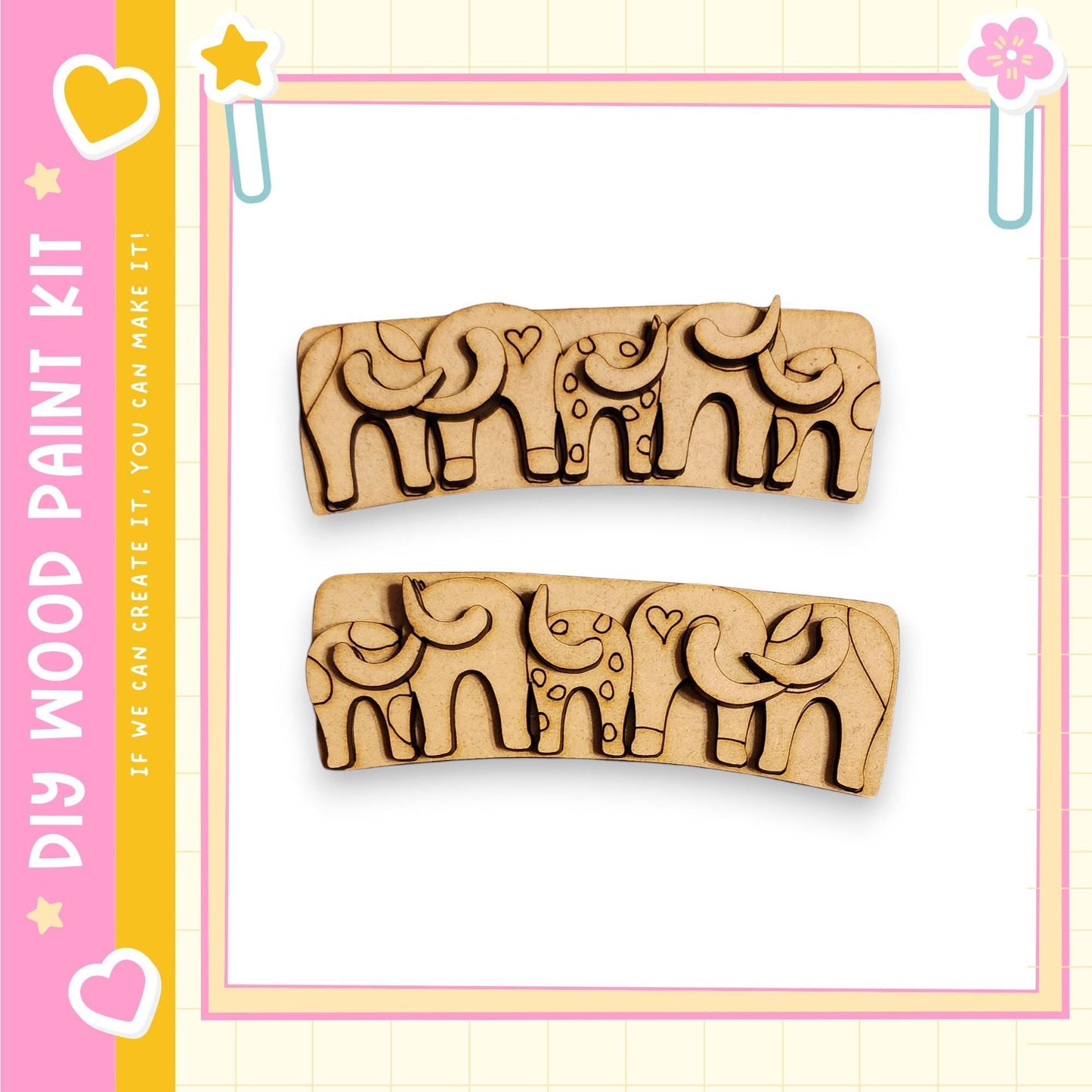 two wooden shapes resembling elephants, with decorative details and a playful design.