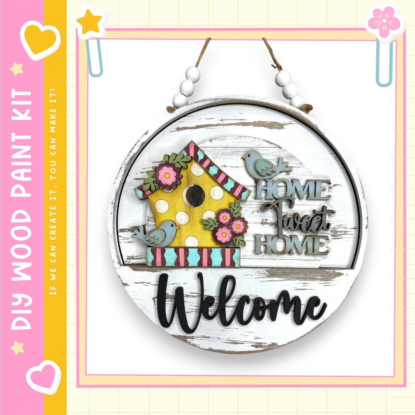 A wooden sign with a birdhouse and the text "Welcome Home" hanging on a wall.