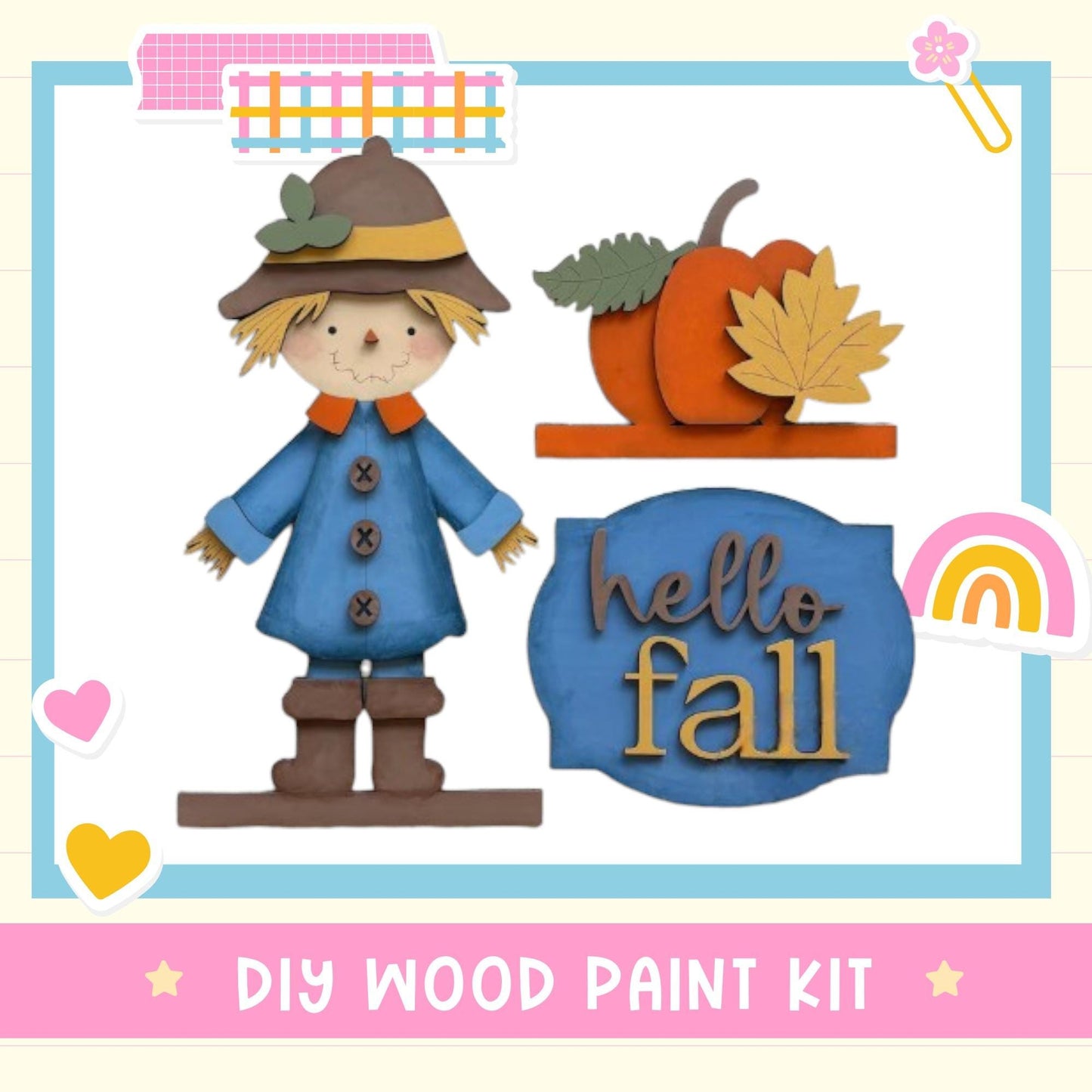 The image is a DIY wood paint kit featuring a scarecrow, pumpkins, and a "Hello fall" sign.