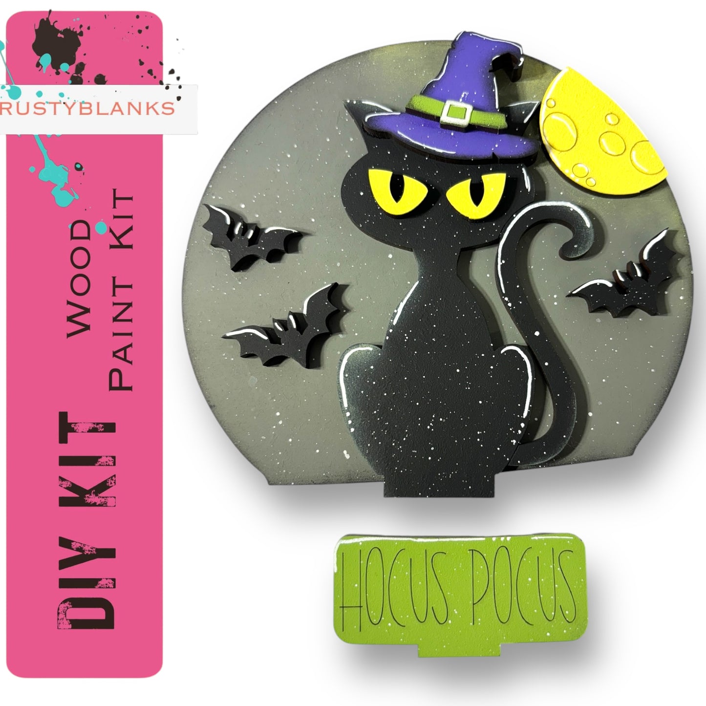 The image is a Halloween-themed DIY paint kit featuring a black cat wearing a purple witch's hat, surrounded by bats and a full moon.