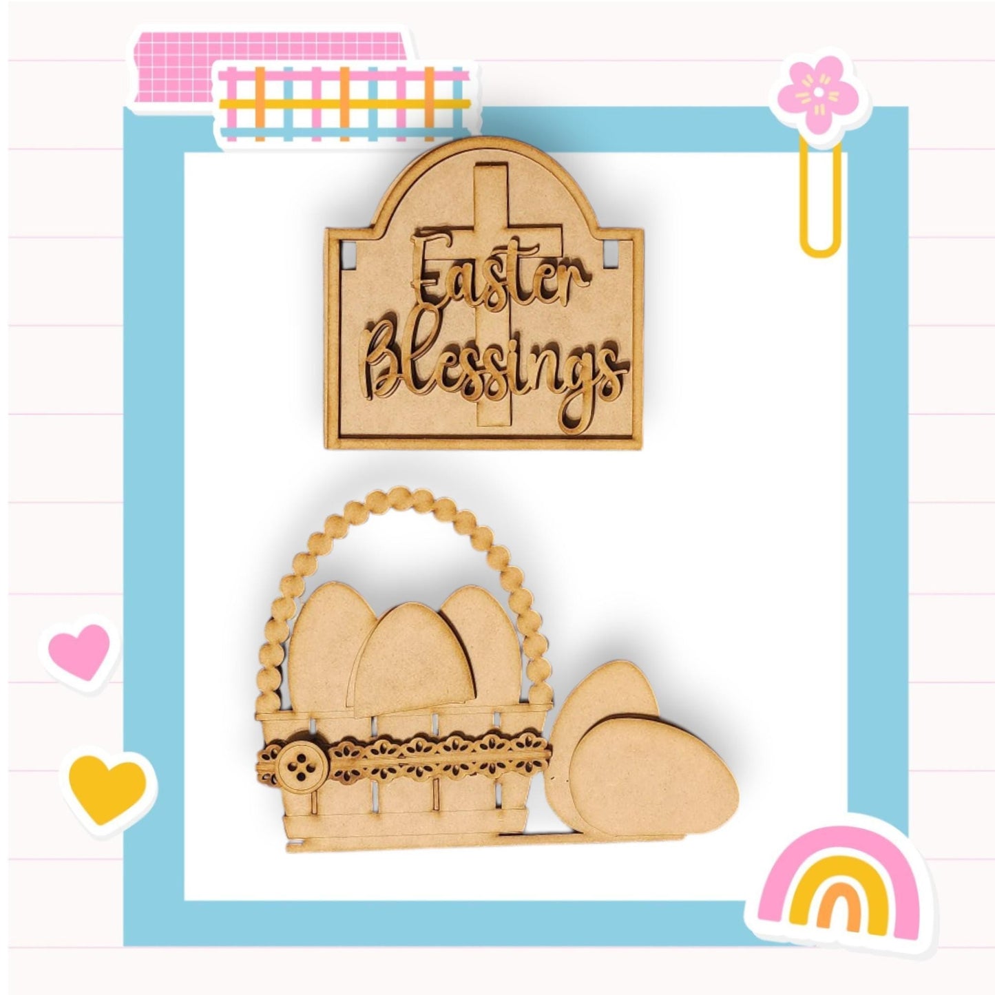 a wooden sign that says easter blessing and a basket of eggs