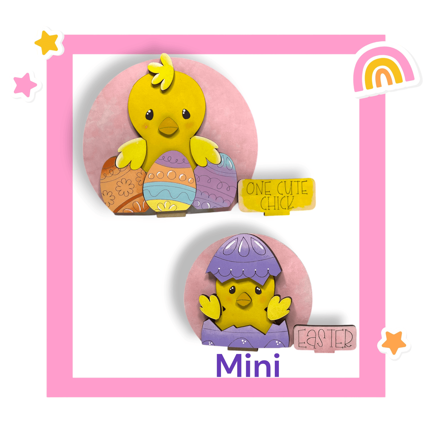 a picture of a yellow chick holding a cake