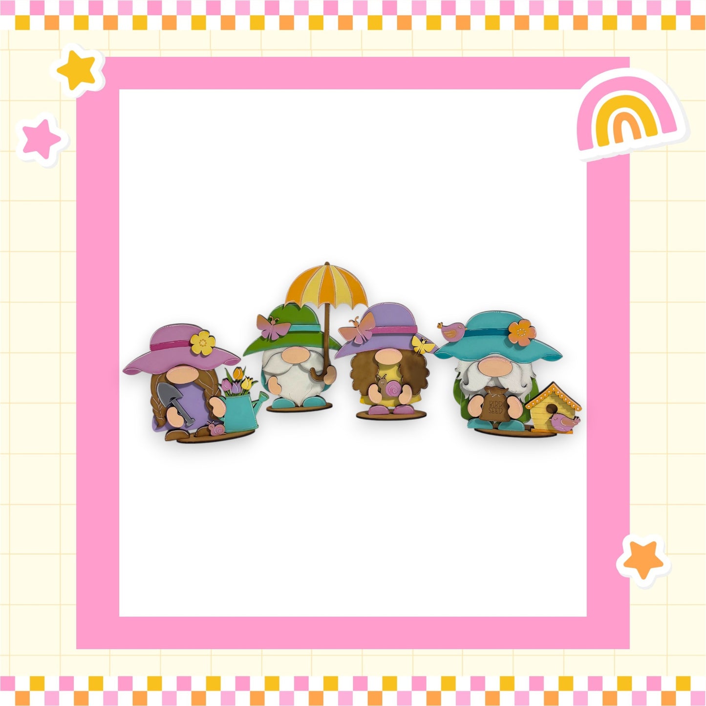A group of four whimsical gnomes wearing colorful hats and holding umbrellas, set against a pink and yellow checkered background with stars and a rainbow.