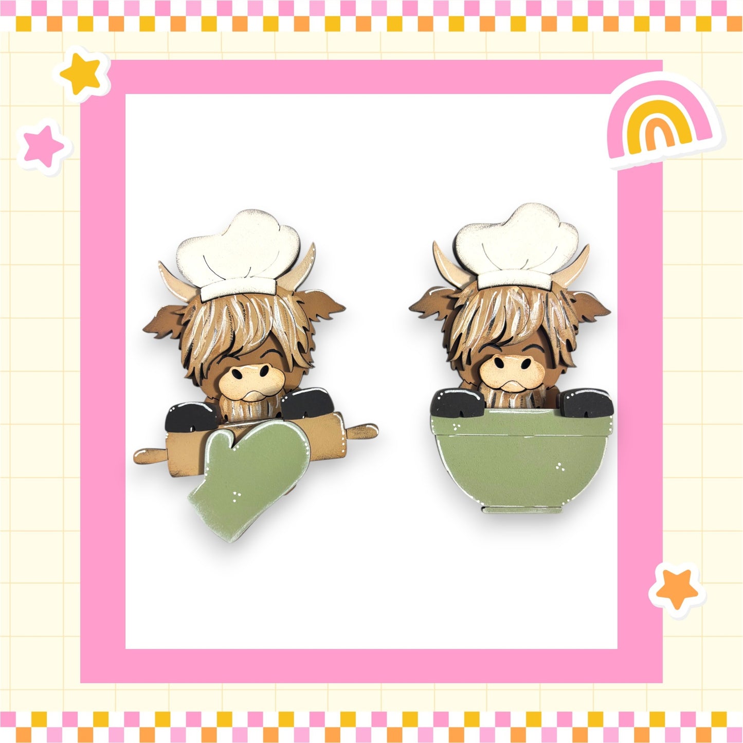 two cartoon cow characters wearing chef hats and holding green bowls, set against a pink and yellow checkered background with stars and a rainbow.