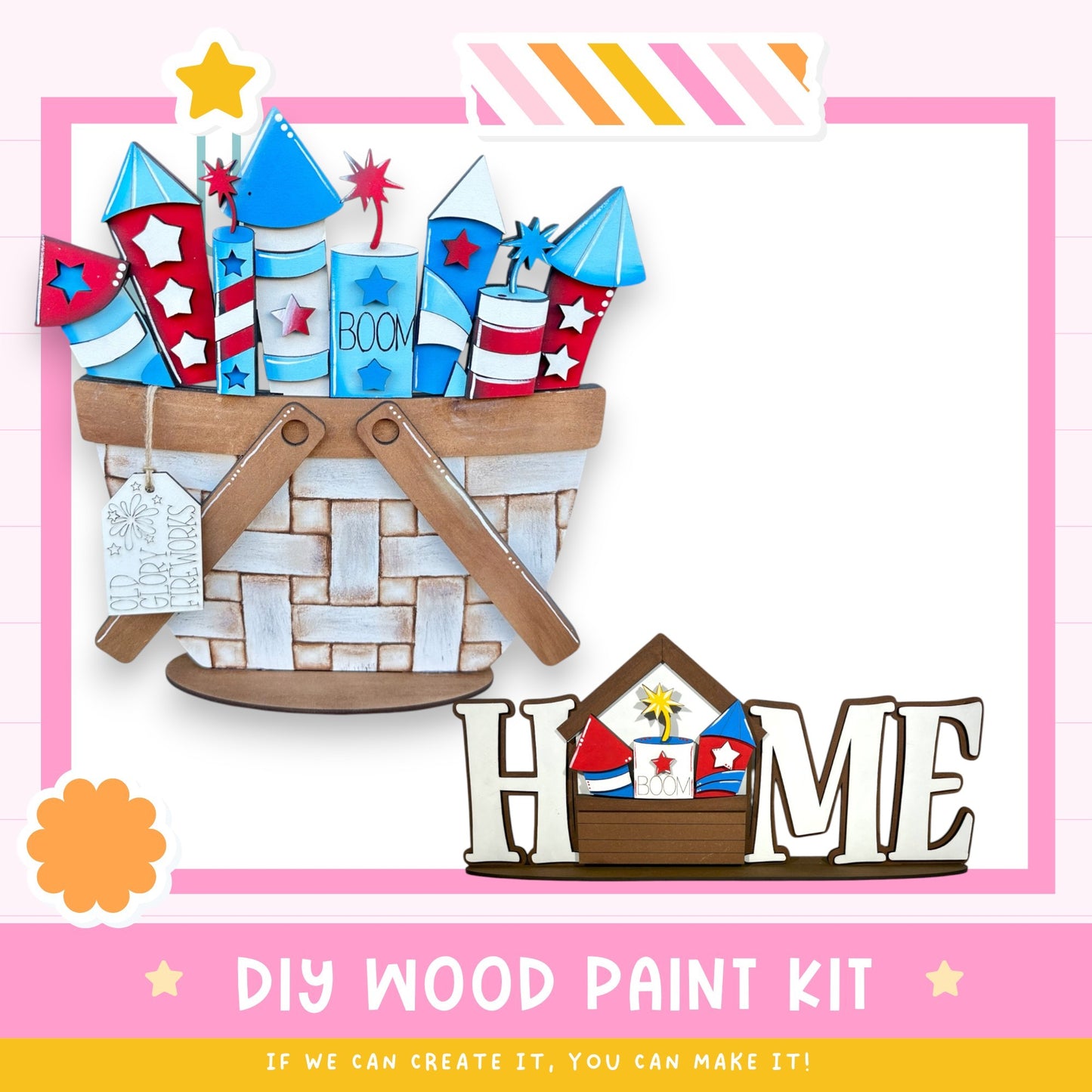 a DIY wood paint kit, with a basket filled with fireworks and a wooden sign that says "HOME". The kit appears to be made of wood and is designed for creating a wooden sign. The kit is presented in a pink and white color scheme, with the word "HOME" prominently displayed on the wooden sign.
