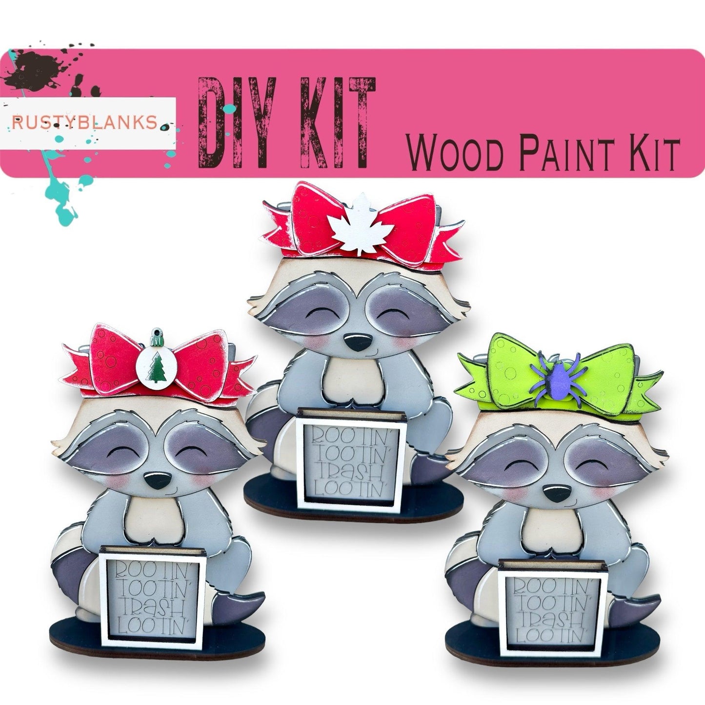 three raccoon wood paint kits with bows