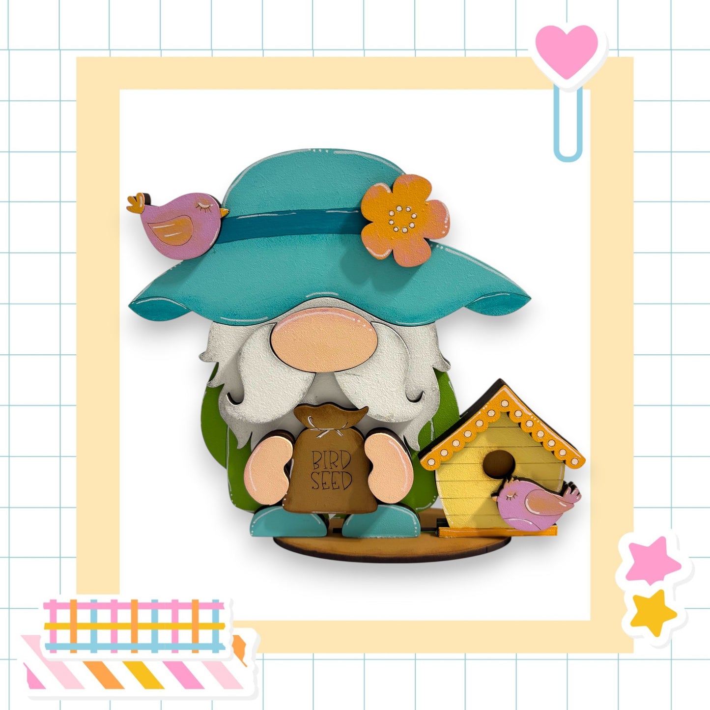 A whimsical illustration of a gnome holding a bird seed bag, wearing a blue hat with a flower, and standing next to a birdhouse.