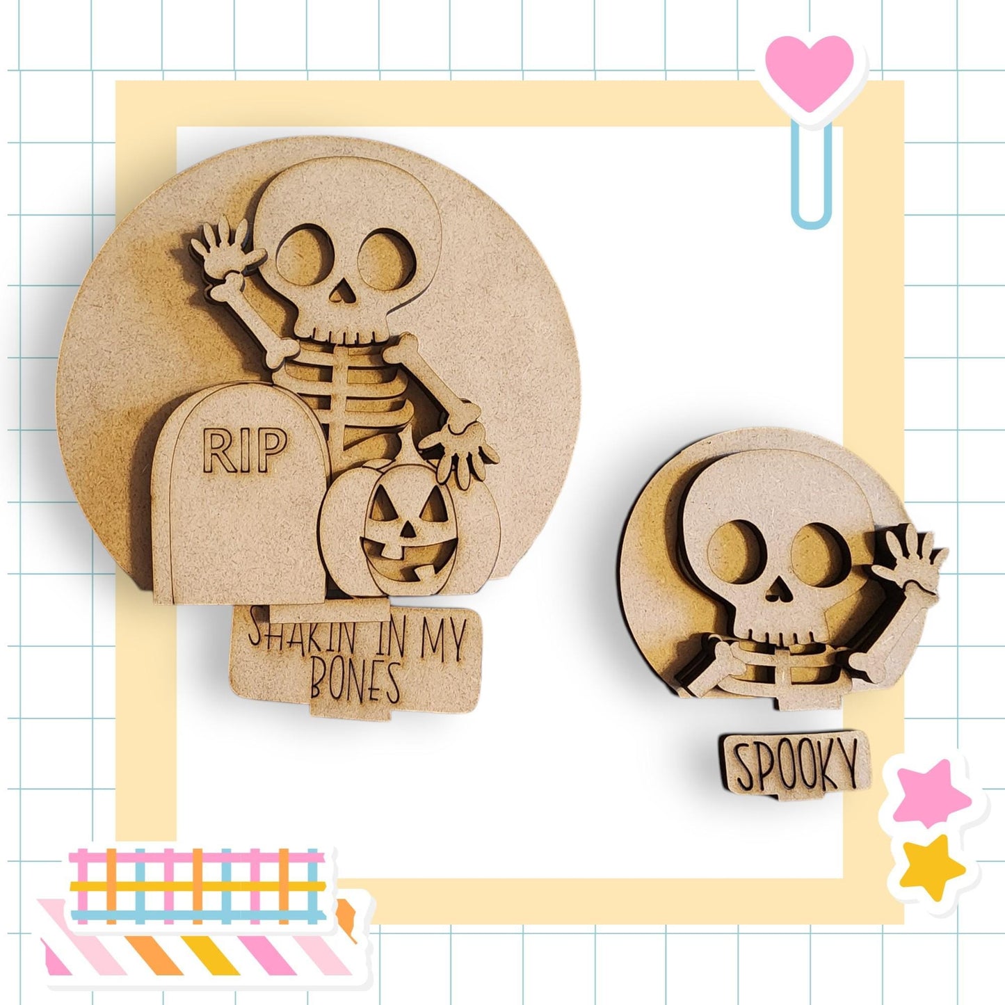 two wooden cutouts of skulls, one larger and one smaller, with text and decorations surrounding them.