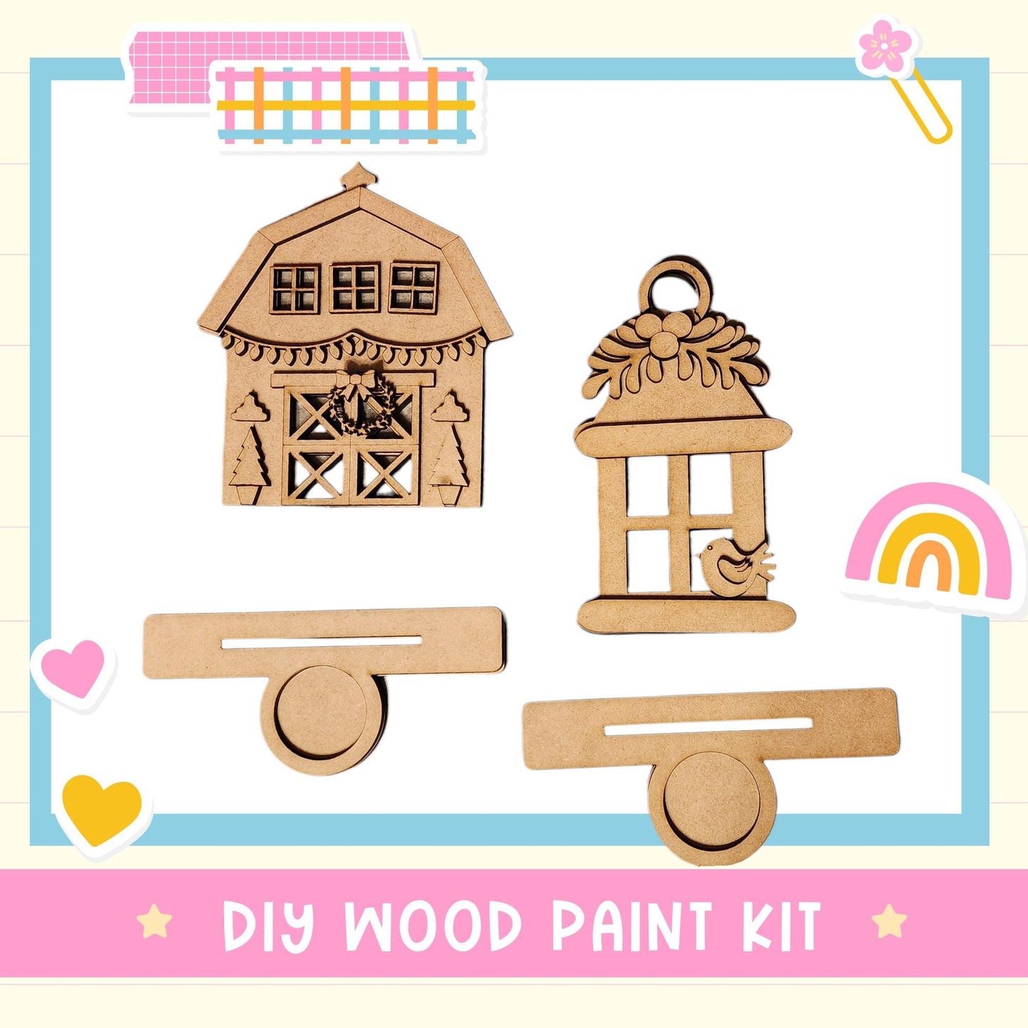 The image is a DIY wood paint kit featuring a wooden barn and a wooden birdhouse.