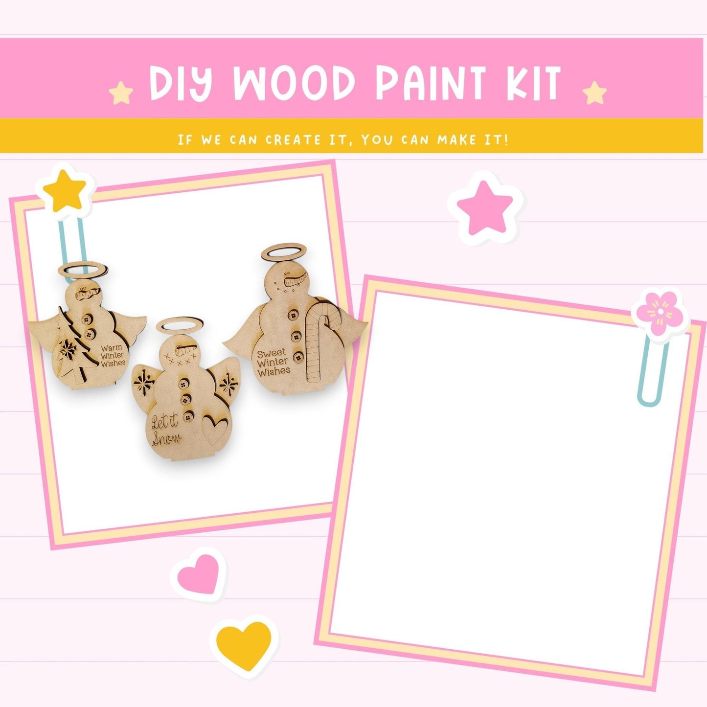 The image is a DIY wood paint kit advertisement featuring wooden angels and a blank frame.