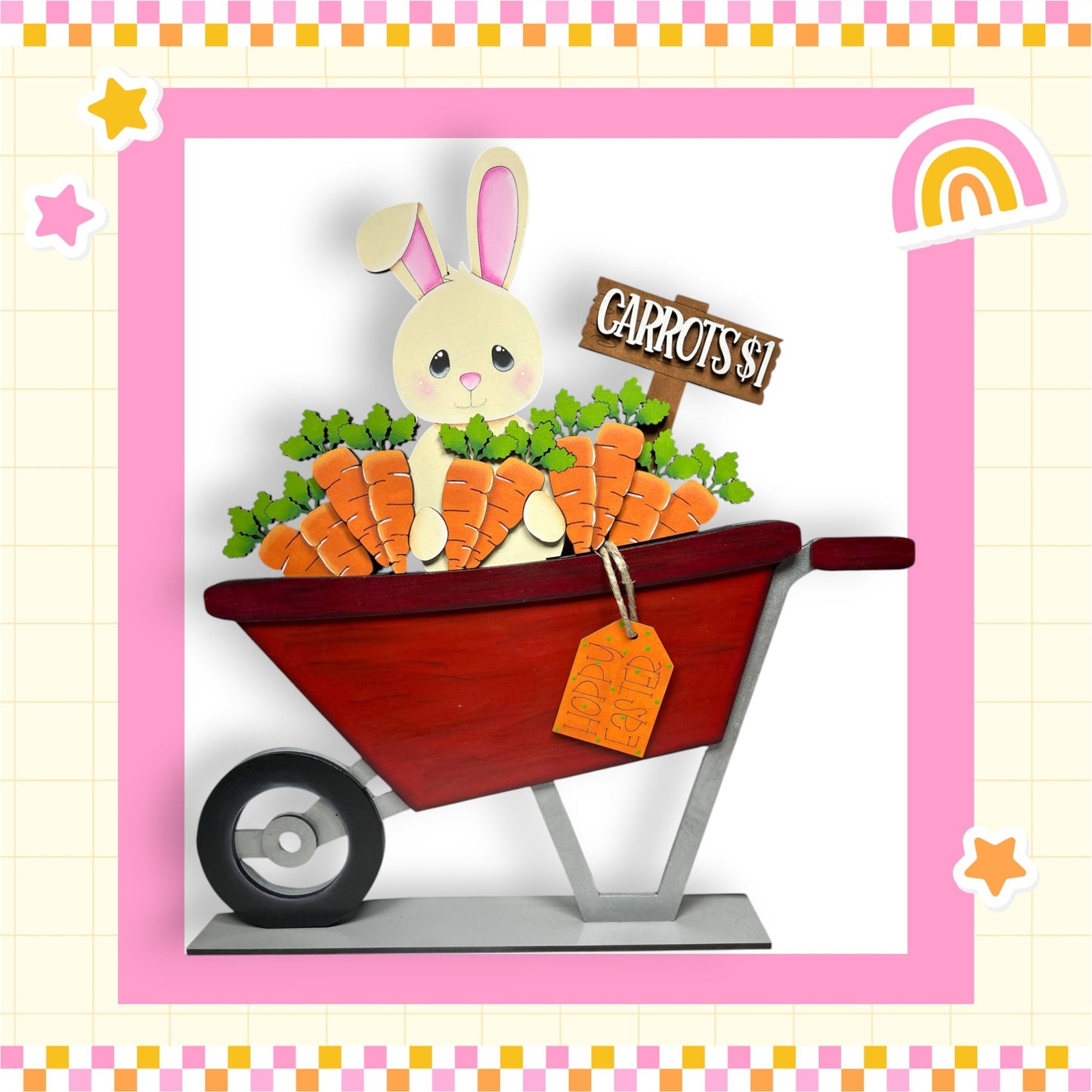 a card with a rabbit in a wheelbarrow filled with carrots