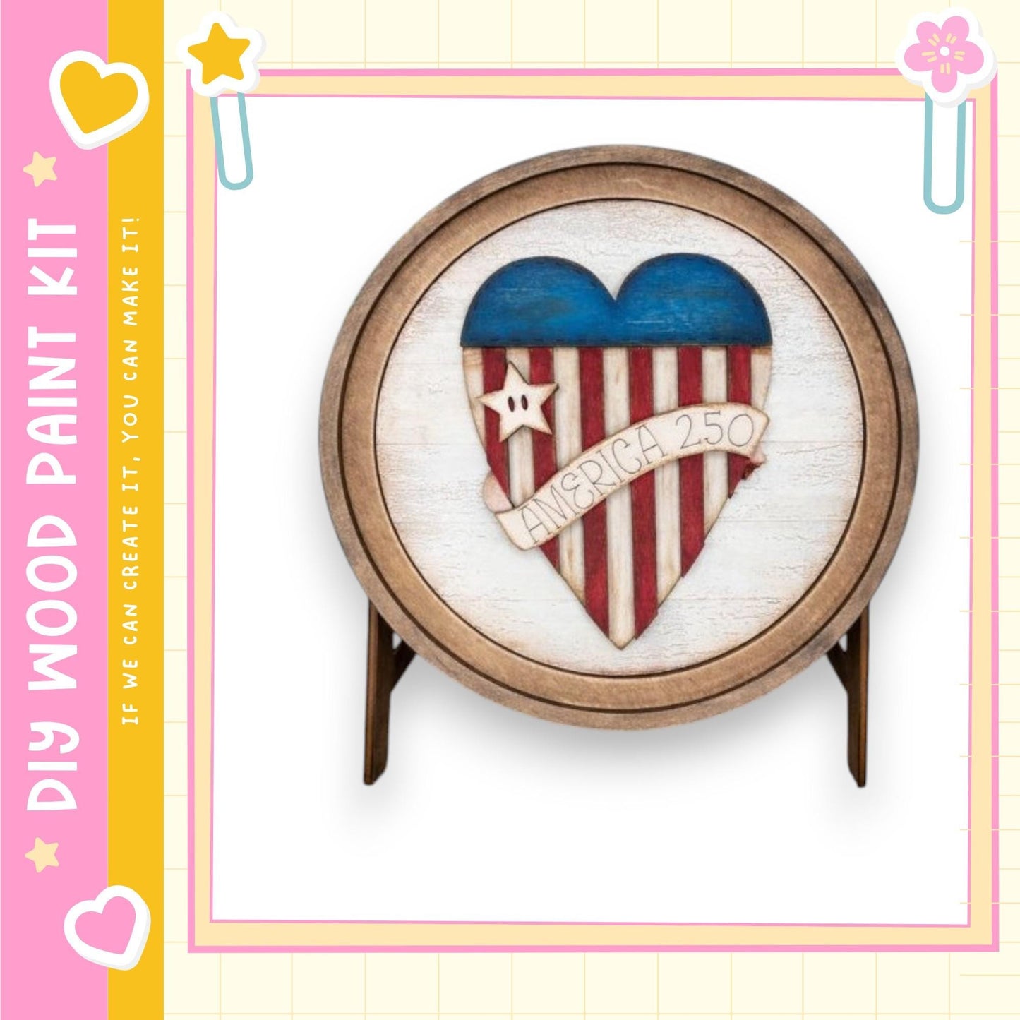 a wooden heart-shaped object with the text "AMERICA 250" written on it. The heart is decorated with stripes and stars, and it is displayed on a stand.