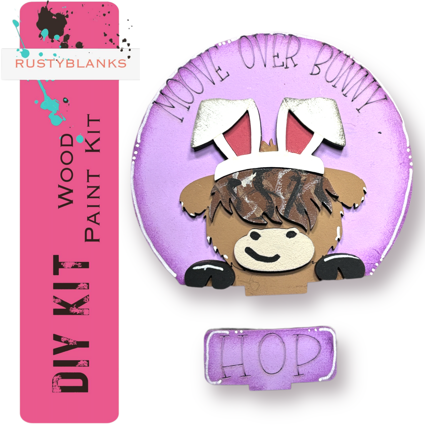 a wooden paint kit with a cartoon rabbit wearing a pair of bunny ears, and the kit is labeled as a "DIY KIT" and "HOP".