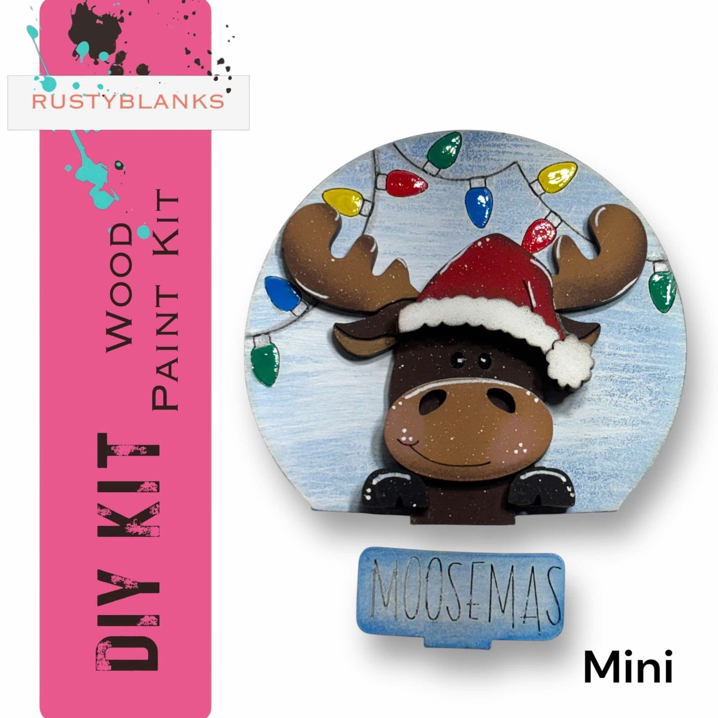 a DIY kit for creating a moose head decoration, with a moose wearing a Santa hat and surrounded by Christmas lights.