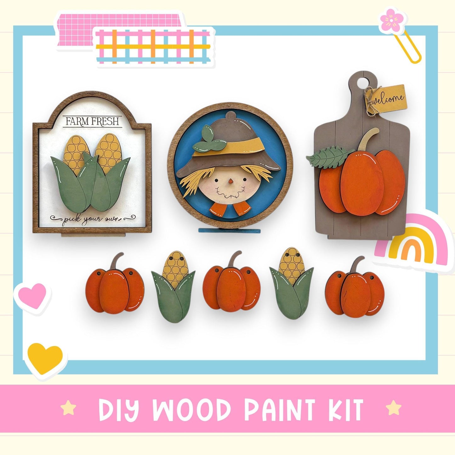 The image is a DIY wood paint kit featuring a farm fresh sign, a scarecrow, and several carved pumpkins.