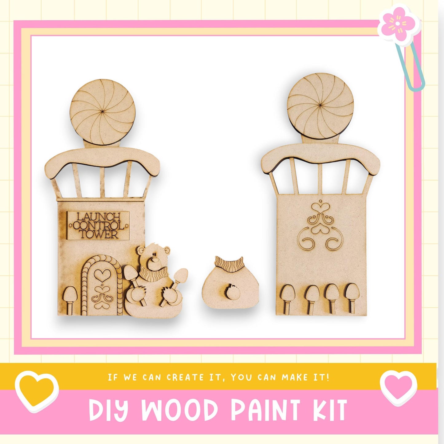 a DIY wood paint kit, including a control tower and a teddy bear, with the caption "If we can create it, you can make it!"