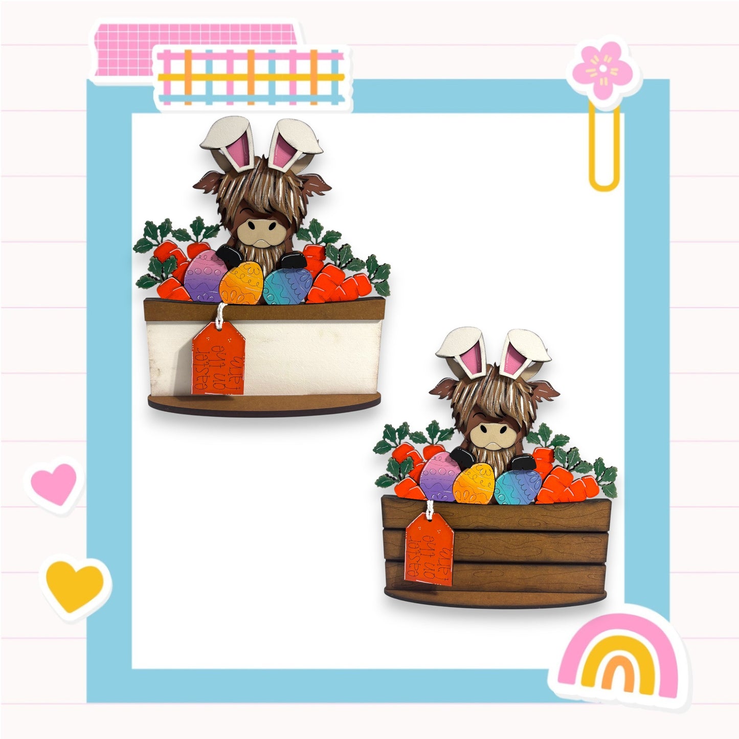 two cartoon rabbit characters sitting in wooden baskets filled with various fruits and vegetables, such as apples and oranges.
