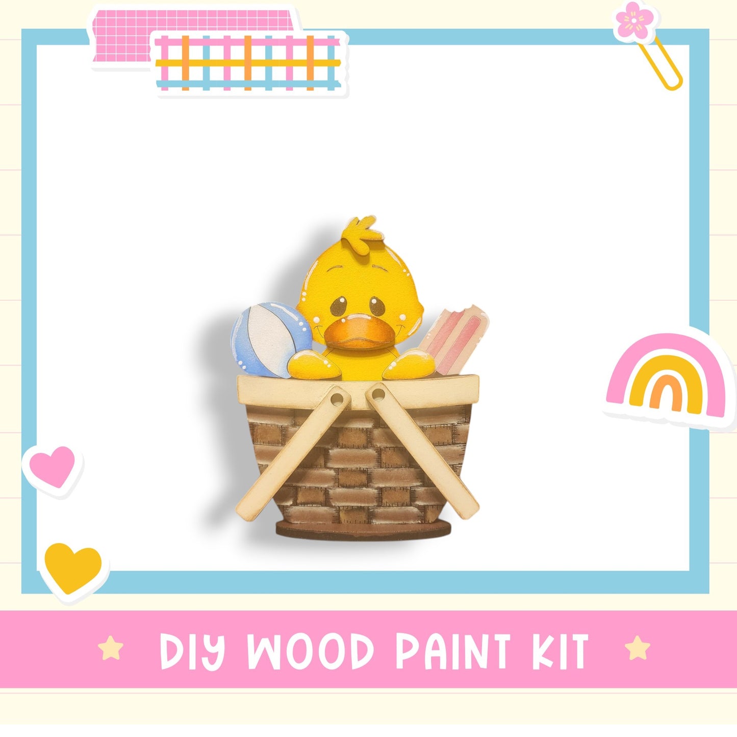 a wooden ducky in a basket with a rainbow in the background