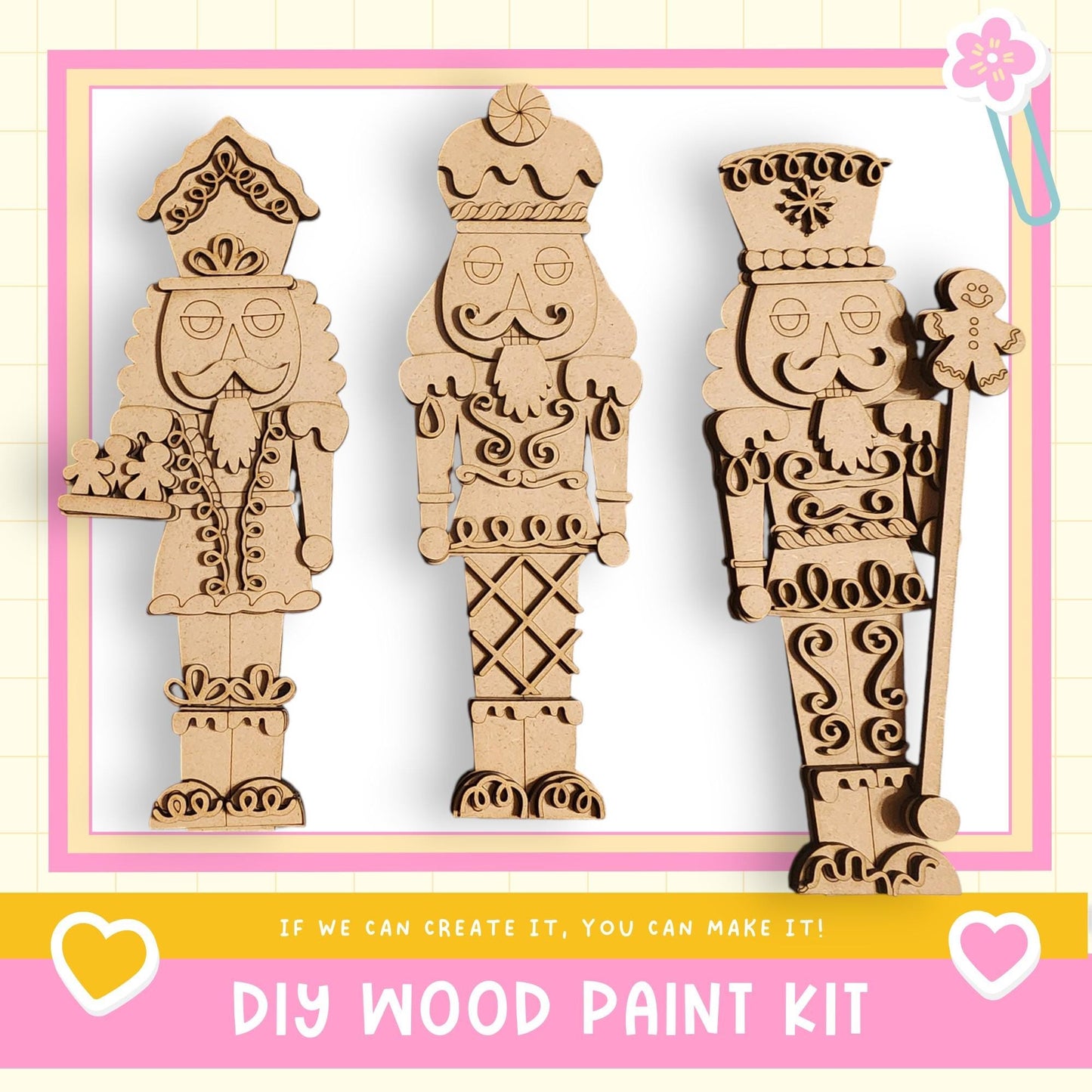 three wooden nutcracker figures, each with unique designs and accessories, displayed against a pink and yellow background.