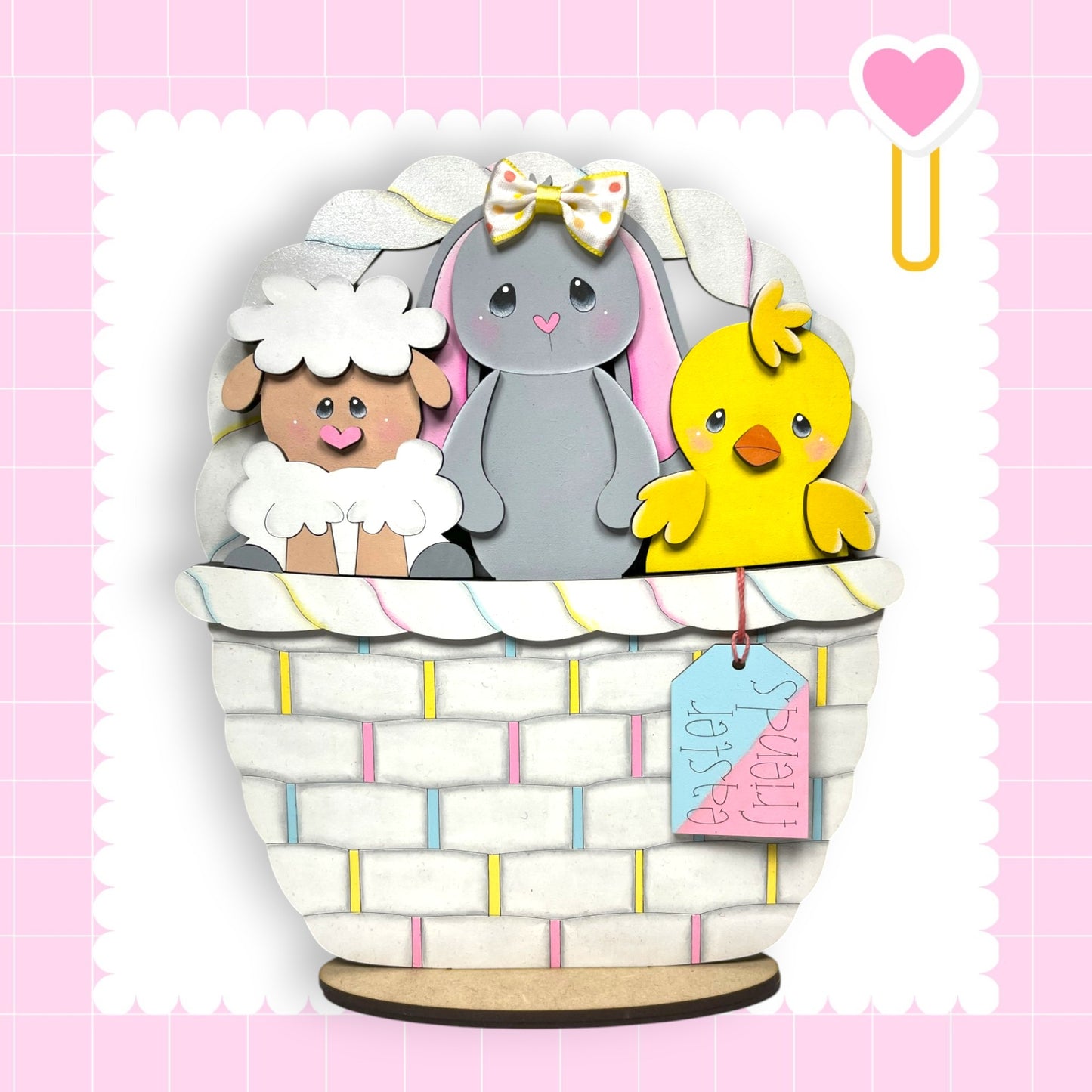 a greeting card with a sheep and a duck in a basket