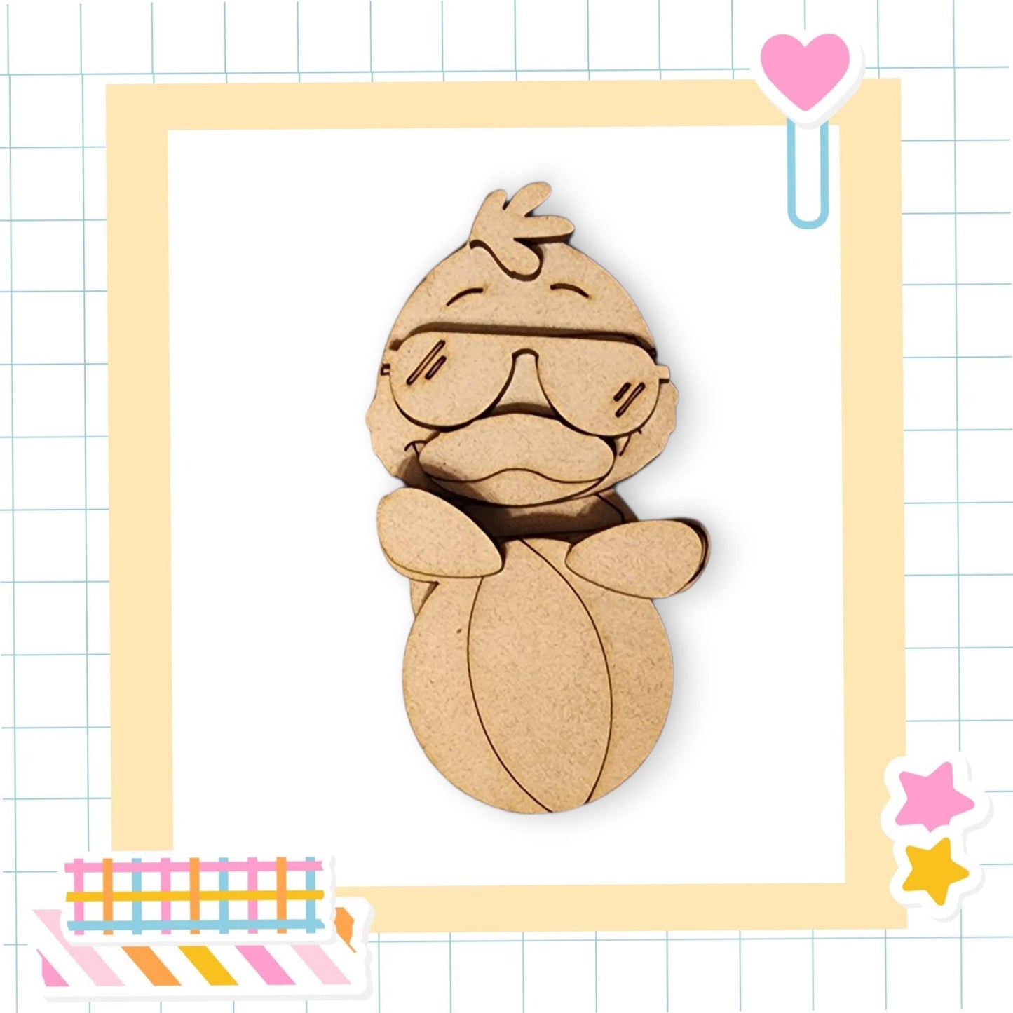 a wooden cutout of a teddy bear wearing glasses