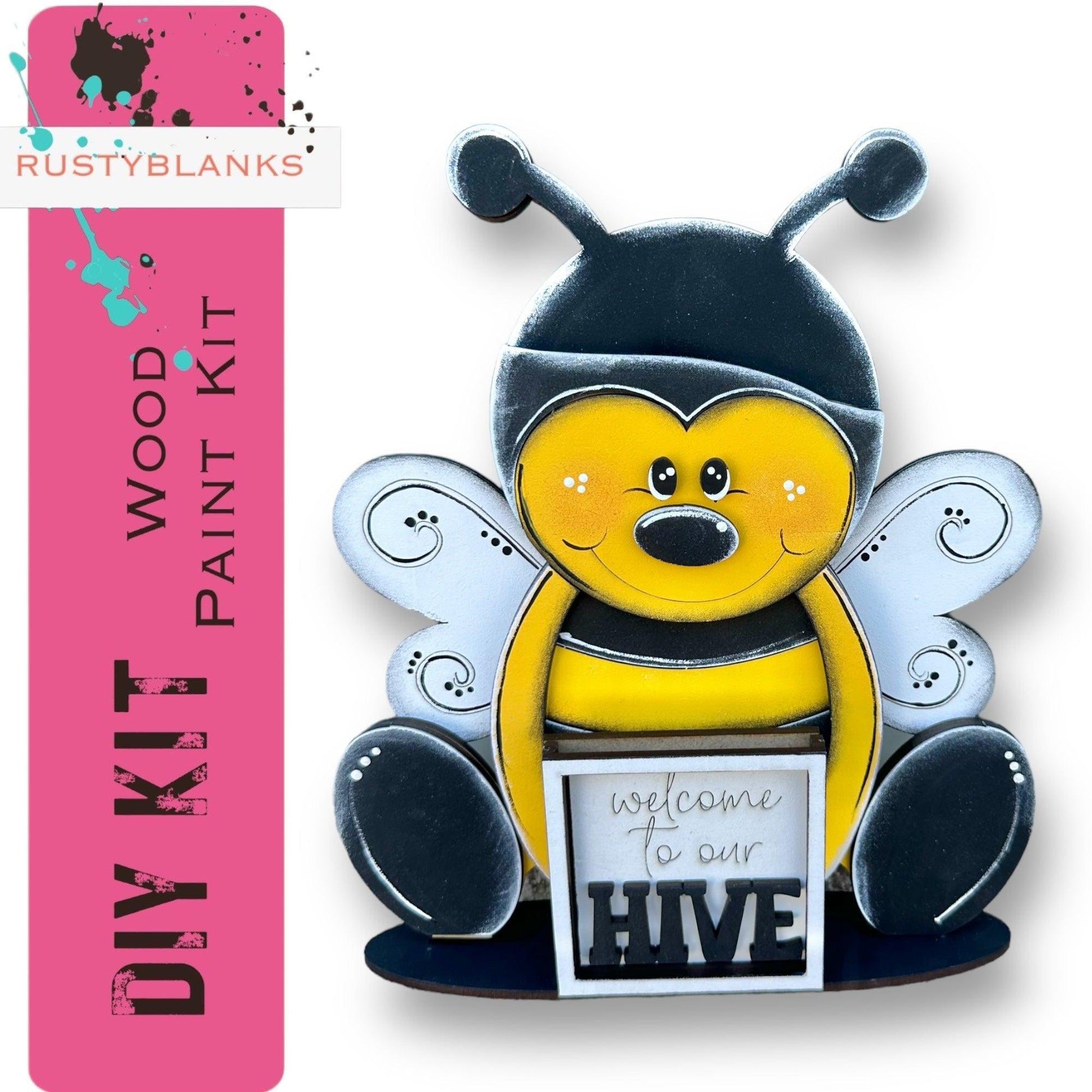 a picture of a yellow and black bee with a sign
