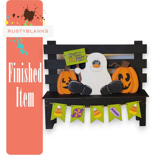 a bench with a ghost sitting on top of it