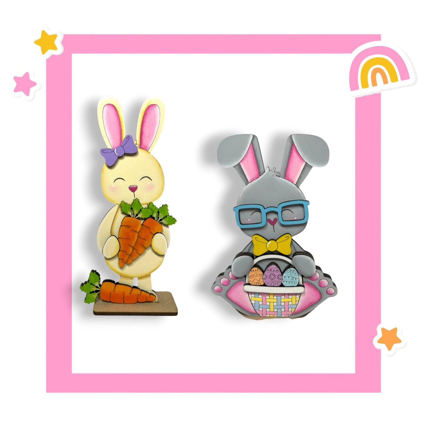 a picture of a bunny and a bunny with a basket of carrots