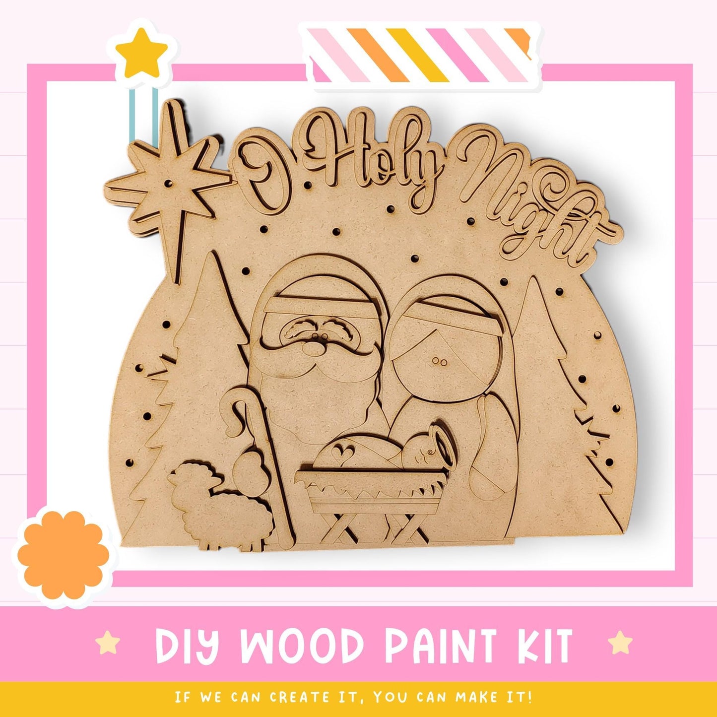 The image is a DIY wood paint kit for creating a wooden nativity scene. It features a wooden nativity scene with Santa Claus, Mary, and baby Jesus, along with decorative elements such as a star and a banner that says "HOLY NIGHT".