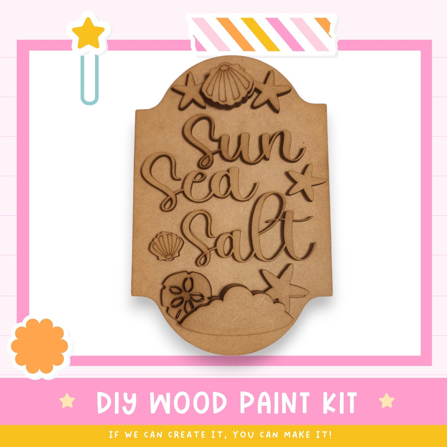 a wooden craft kit with the words sun sea salt on it
