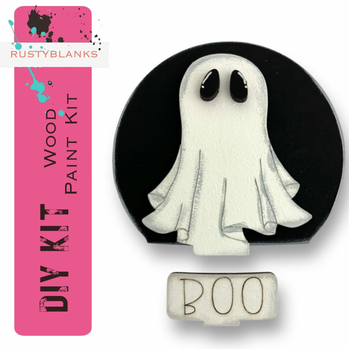 a DIY ghost paint kit, including a pink label with the text "DIY KIT" and a black and white illustration of a ghost.