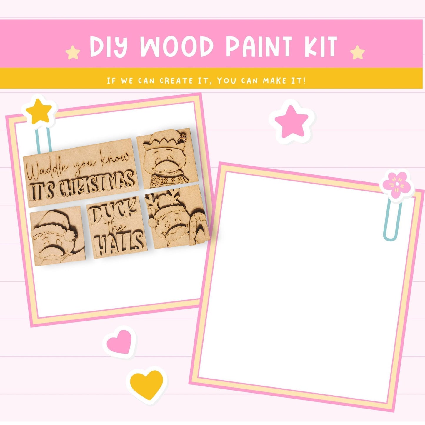 The image is a DIY wood paint kit advertisement with a pink background and a playful, festive theme. It features a wooden sign with a cartoon duck and the text "Waddle you know it's Christmas duck the halls" and a blank white frame with a pink border.
