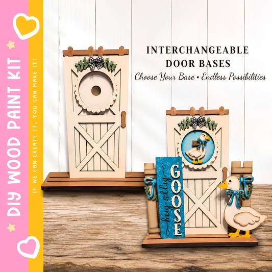 a DIY paint kit for creating interchangeable door bases, with a wooden door and a wooden door with a goose decoration. The kit includes a wooden base and a wooden door with a goose decoration.