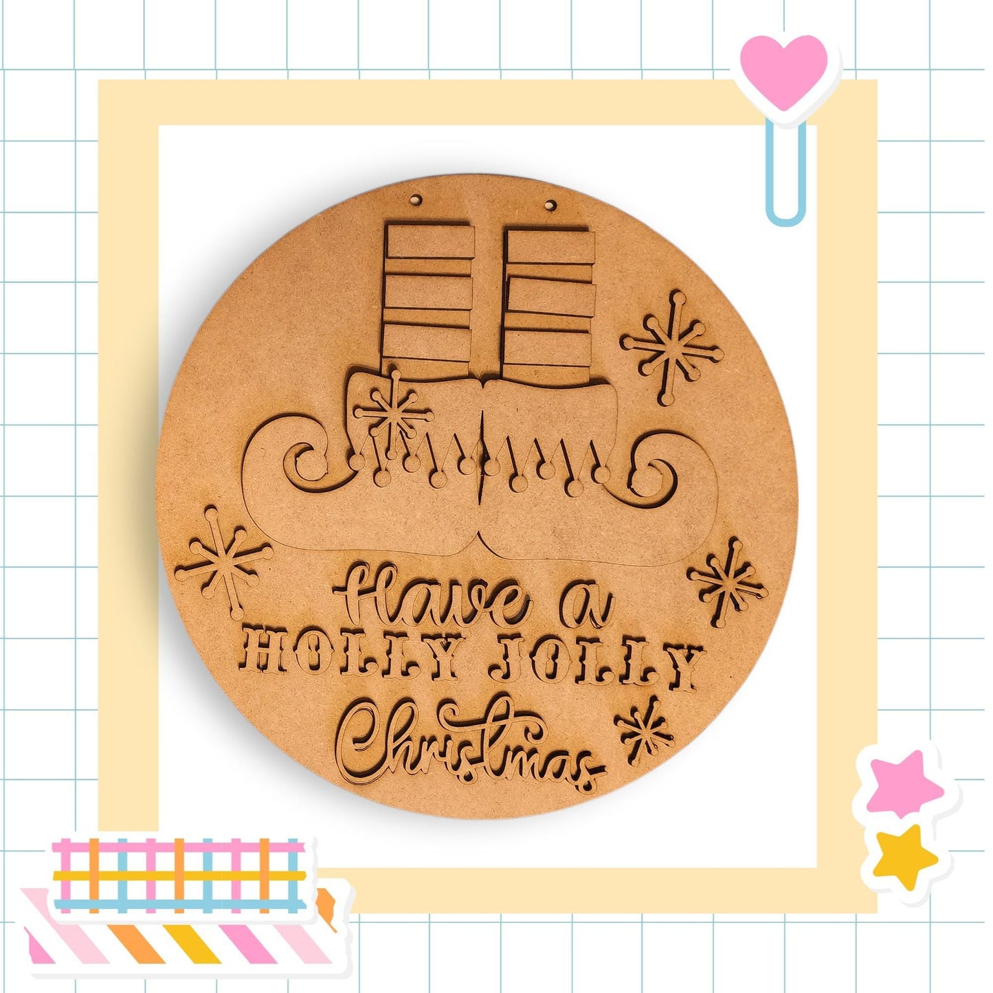 a round wooden object with a carved design, surrounded by various colorful stickers and a heart-shaped object.