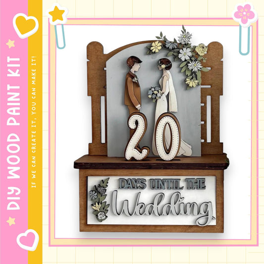 A wooden frame with a decorative border, displaying a couple standing together and the number 20. The frame also has text that reads "DAYS UNTIL THE WEDDING".