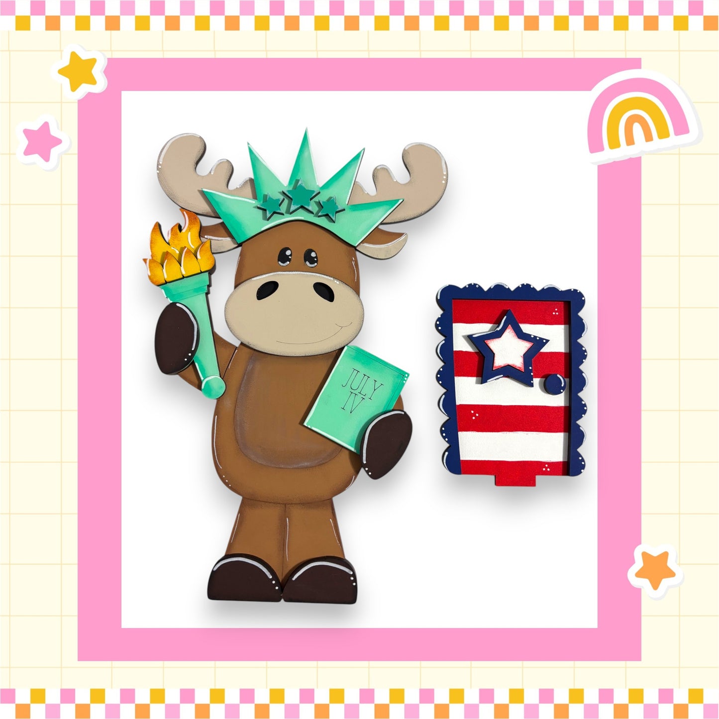 A cartoon moose holding a torch and a flag, with a rainbow and stars in the background.