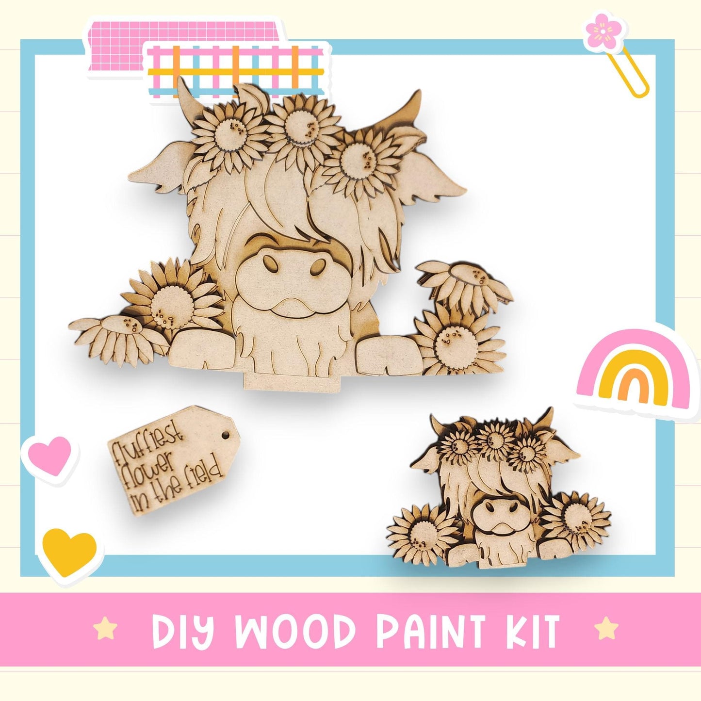 The image is a DIY wood paint kit featuring two wooden cow figurines with flower crowns, surrounded by various decorative elements such as hearts, a rainbow, and a tag.
