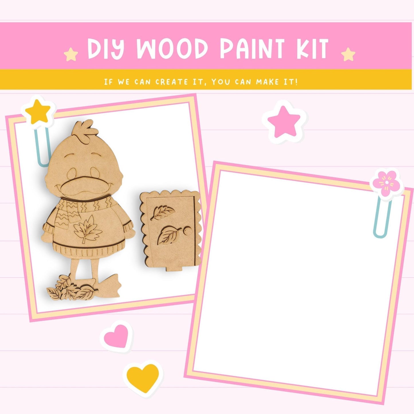 The image is a DIY wood paint kit featuring a wooden duck and a wooden book. The kit appears to be designed for children, as indicated by the playful design and the presence of a blank space for painting.