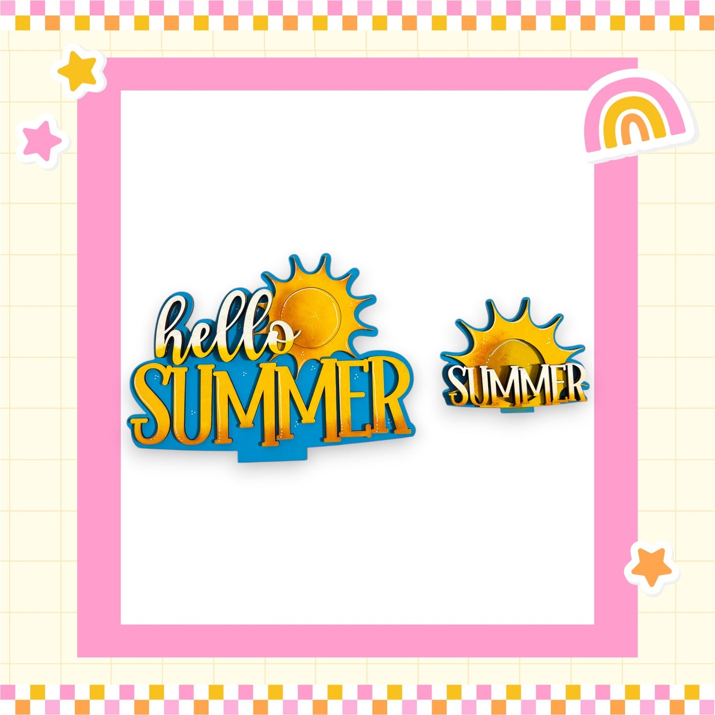 a colorful frame with the text "Hello Summer" written in a playful font. The frame is surrounded by a pink border with stars and a rainbow, creating a cheerful and summery atmosphere.