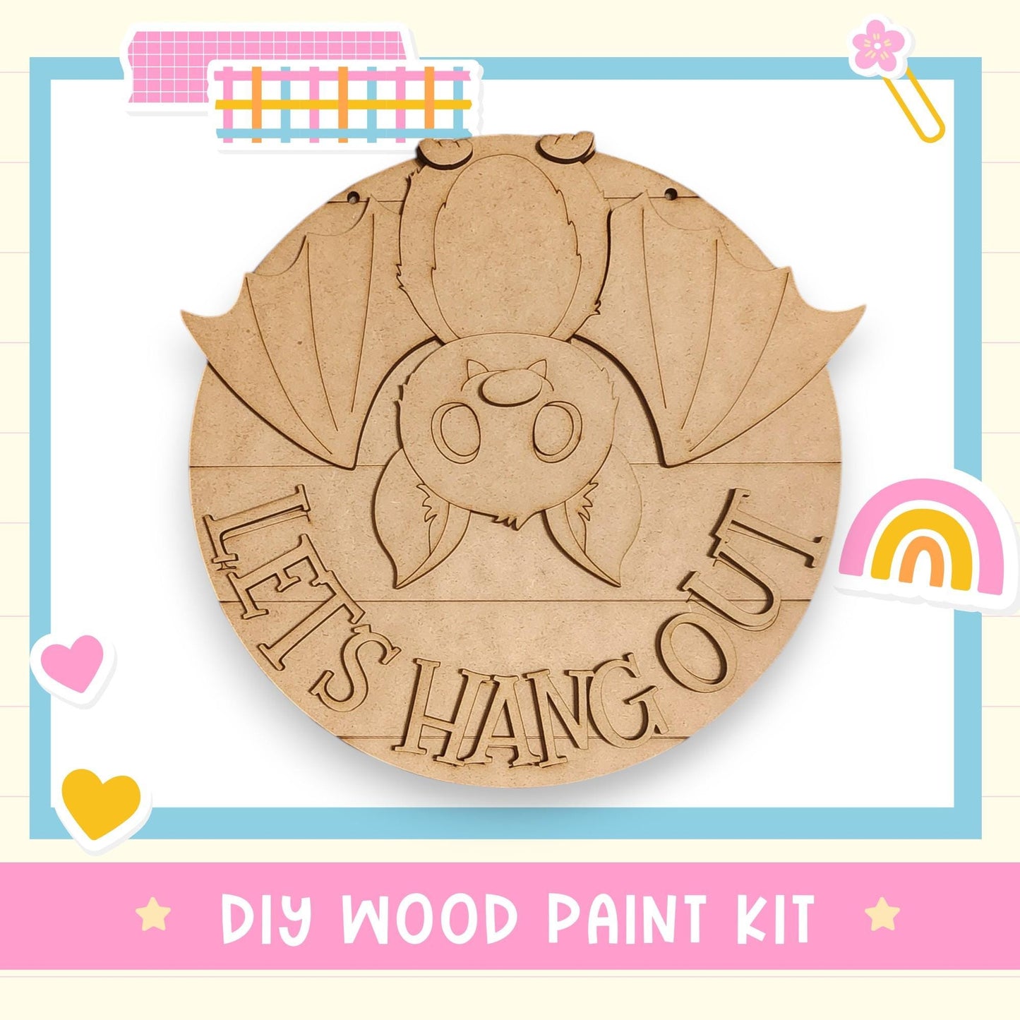 A DIY wood paint kit featuring a wooden bat with the text "LET'S HANG OUT" carved into it.