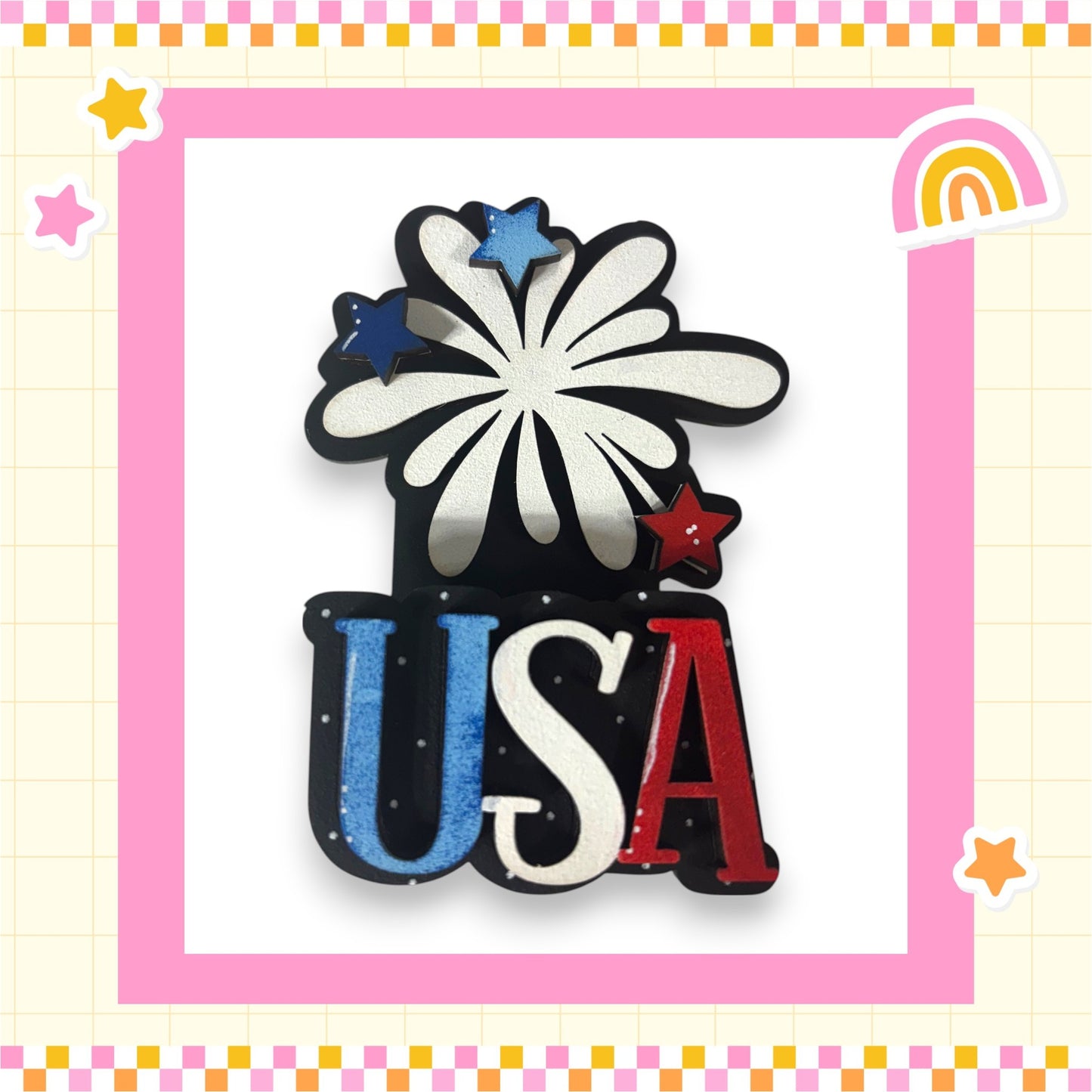A colorful frame with the word "USA" prominently displayed in the center.